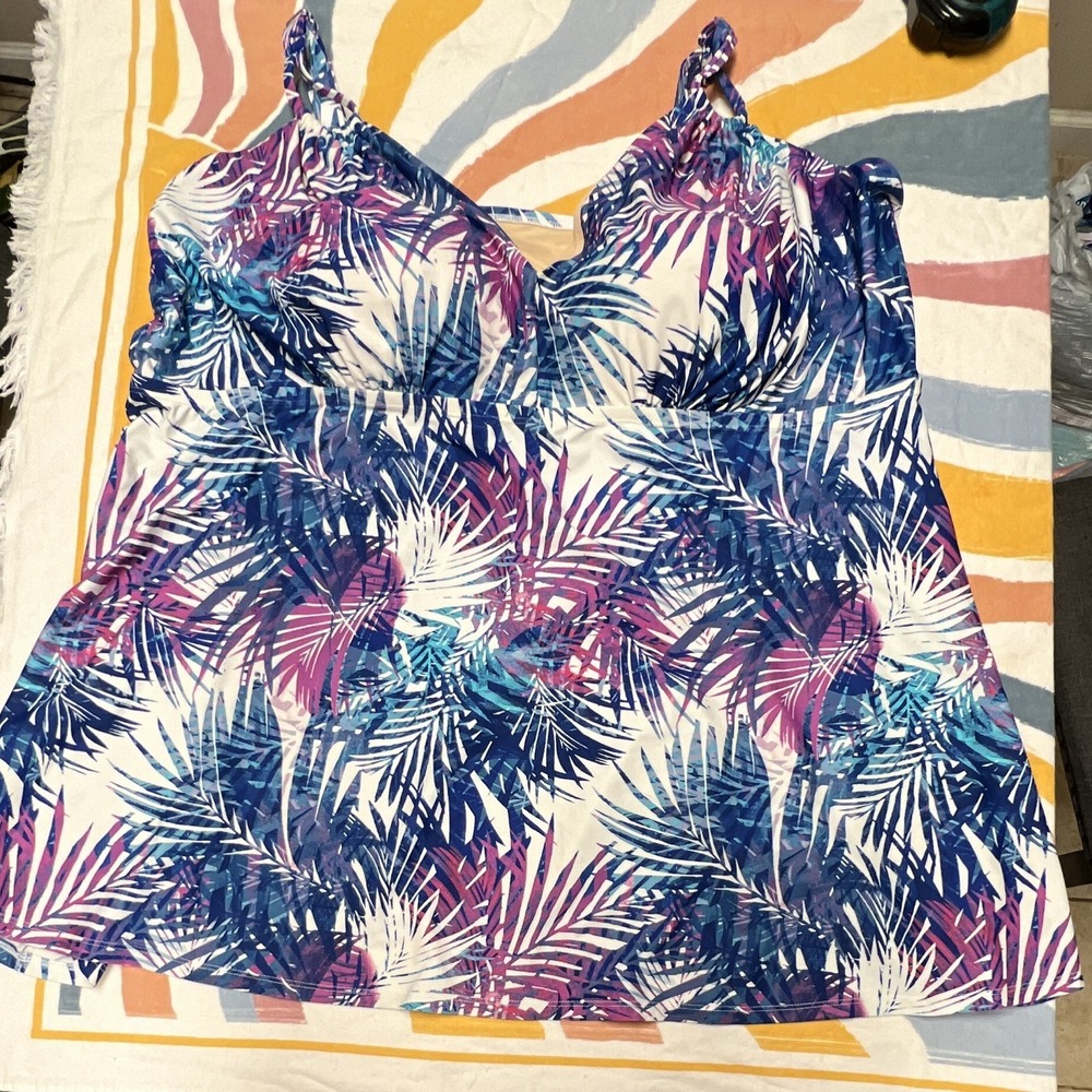 Swimsuits For All Women's 32D 2pc Swimdress Tank/Skirt Blue Purple Floral